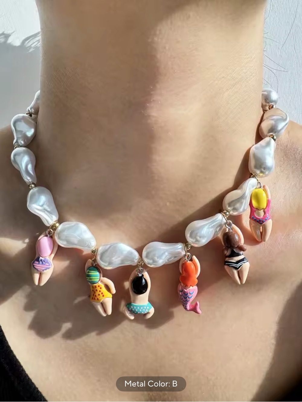 ✨ Baroque Pearl Beads Necklace with Swimmer & Mermaid Charm